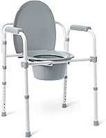 Medline 3-in-1 Folding Bedside Commode with Elongated Seat, 350 lb Capacity, Adjustable Height, Tool-Free Assembly - Gray