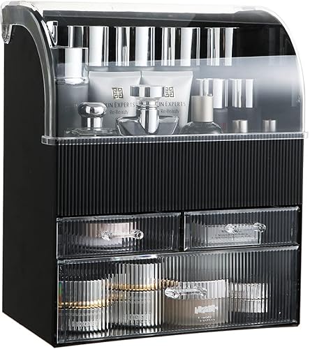 MOOCHI Organizador de maquillaje profesional de rayas negras con cajones y cajones