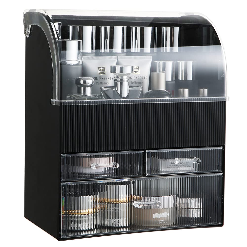 MOOCHI Black Stripes Pattern Professional Large Cosmetic Makeup Organizer Dust Water Proof Cosmetics Storage Display Case with Drawers
