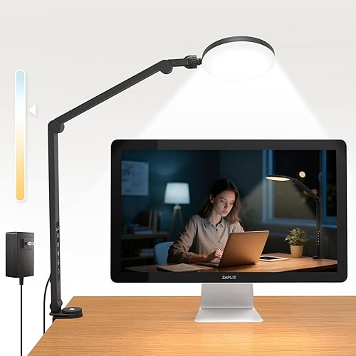 Lámpara de escritorio, luz LED de escritorio de 16 W con abrazadera y brazo ajustable para videollamadas de oficina en casa, control táctil, luz de