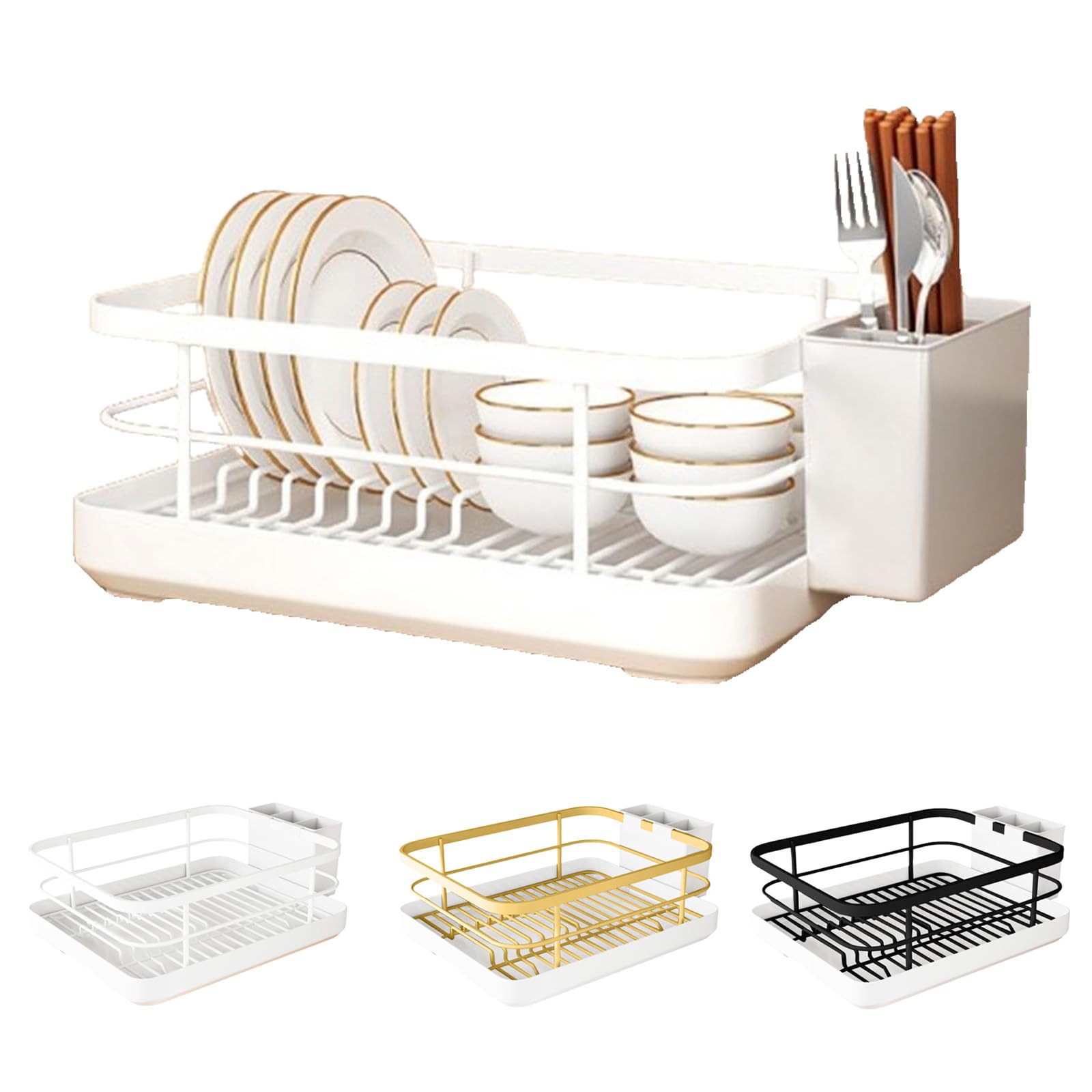 DFGHNBVC Stainless Steel Dish Drying Rack With Utensil Holder Drip Tray, Multifunctional Kitchen For Plates, Cutlery, Spoons, Forks, Chopsticks,White