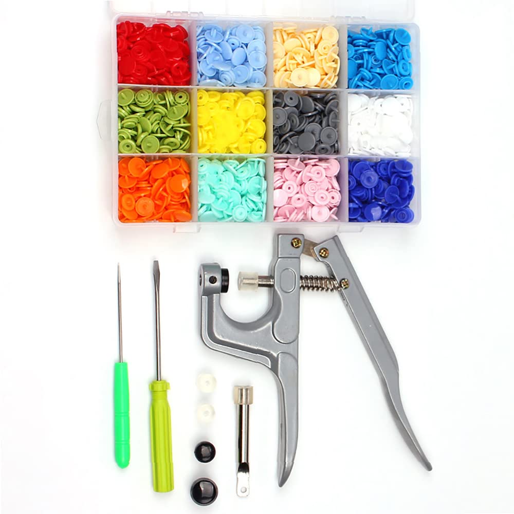 Broches de plástico de colores del arco iris Botones de plástico y a presión con broches de metal Juego de alicates para costura de ropa, (300 juegos de broches + herramientas de sujeción)