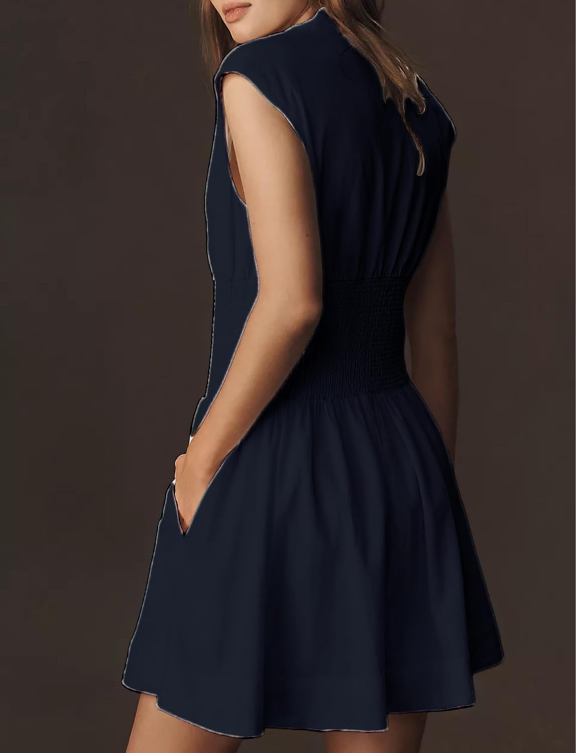 Women’s V Neck Summer Dress Cap Sleeve Zipper Mini Dress Smocked Slit Dress with Pockets - Image 6