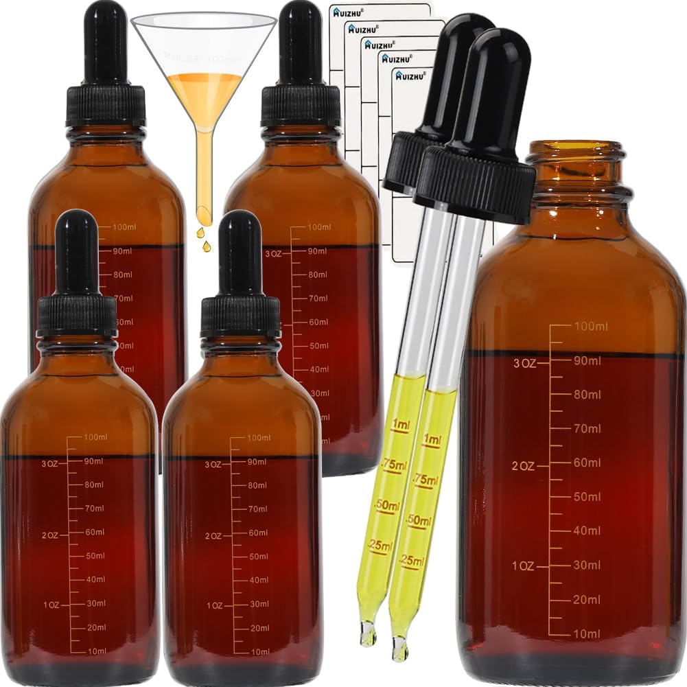 HUIZHU5PCS 120ml Amber Glass Dropper Bottles Liquid bottling Refillable Bottles Dispensing bottle with Dropper Pipettes for Essential Oils/Beauty Oil Mix,Blends (Brown Glass, 120ml x 5pcs)