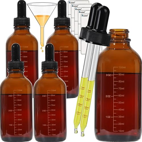 HUIZHU 5 botellas cuentagotas de vidrio ámbar de 4.1 fl oz, botellas rellenables, botella dispensadora con pipetas cuentagotas para aceites