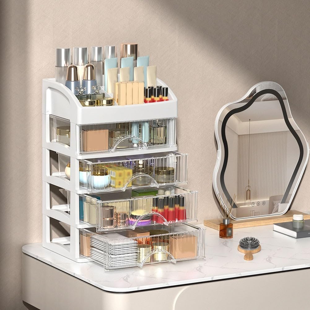 Scatola portaoggetti multifunzionale per trucchi con cassetti, organizer per cosmetici regolabile per scrivania da bagno, vetrina in acrilico trasparente per gioielli per la cura della