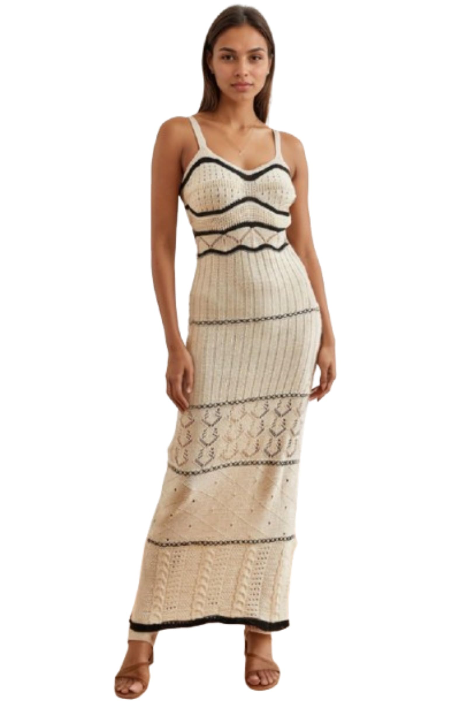 VCM Crochet Knit Bodycon Maxi Dress Spaghetti Strap Boho Dress Beach Vacation Clothes for Women Summer Sundress