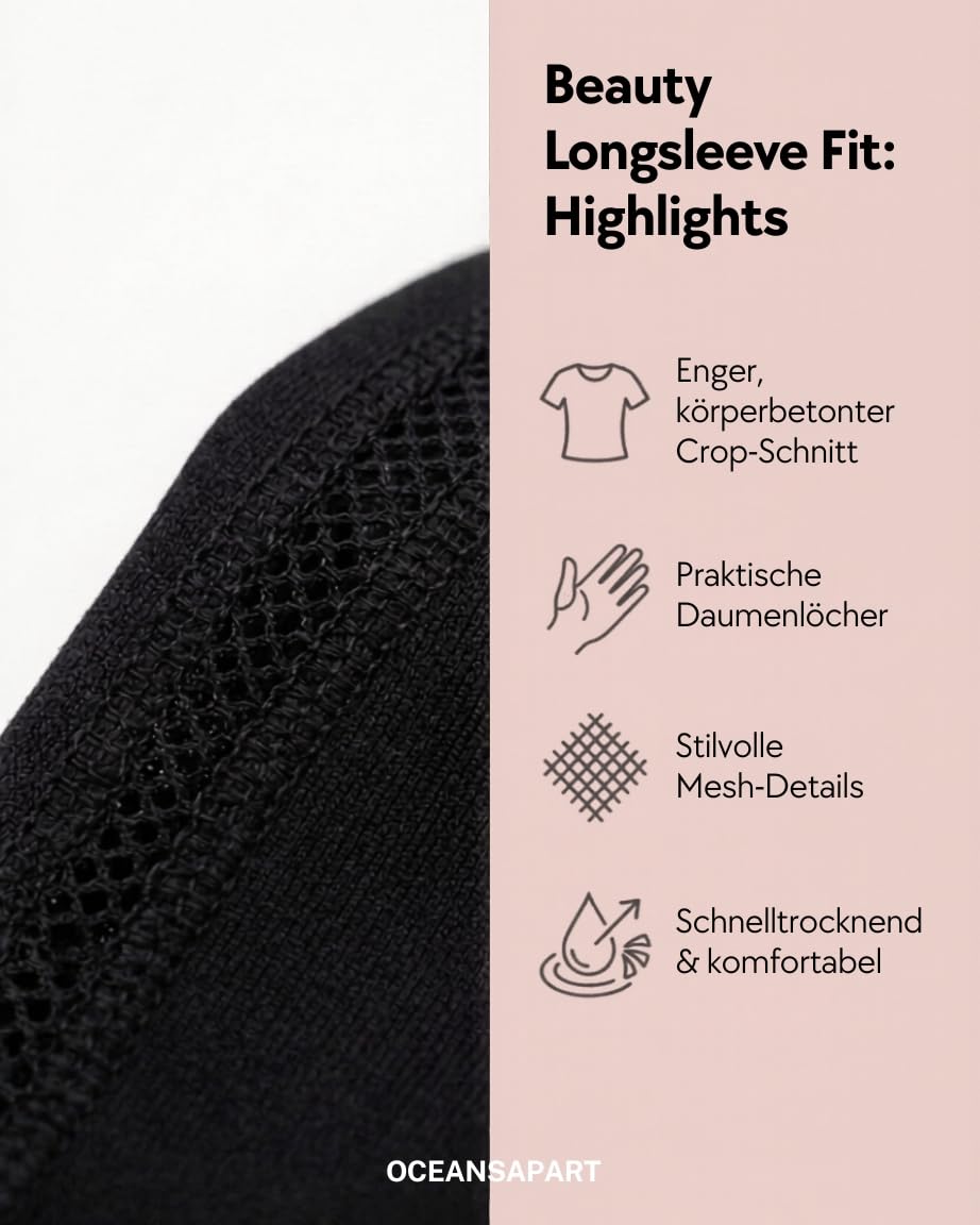OCEANSAPART Beauty Longsleeve - Damen Langarm Crop Top Sport | Daumenlöcher & Mesh-Details – Nahtlos & Schnelltrocknend – Activewear für Yoga, Pilates & Gym
