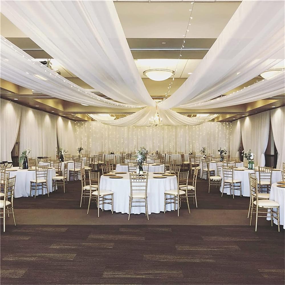 Mateju Lot de 4 Tenture Mariage Plafond Voilage Blanc Decoration Plafond Mariage Tulle Rideaux de Plafond en Mousseline de Soie pour Mariage, Arche, Fête, Cérémonie Décoration (150x600cm)