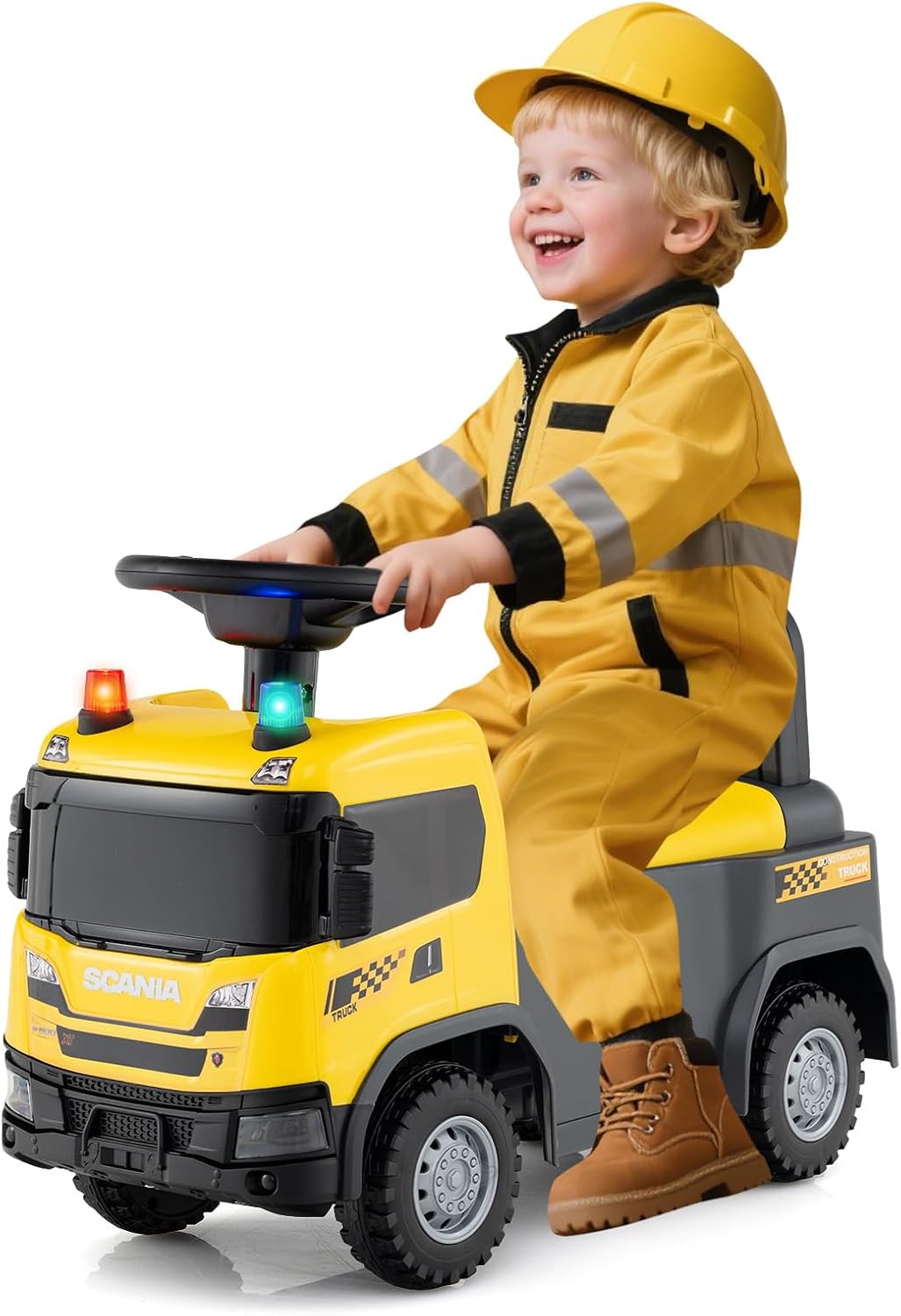 Costzon Ride On Push Car, Licensed Scania Construction Vehicle for Toddlers with Horn, Music, Lights, Under Seat Storage, Foot-to-Floor Sliding Car, Kids Ride On Toys for Boys Girls 18+ Months
