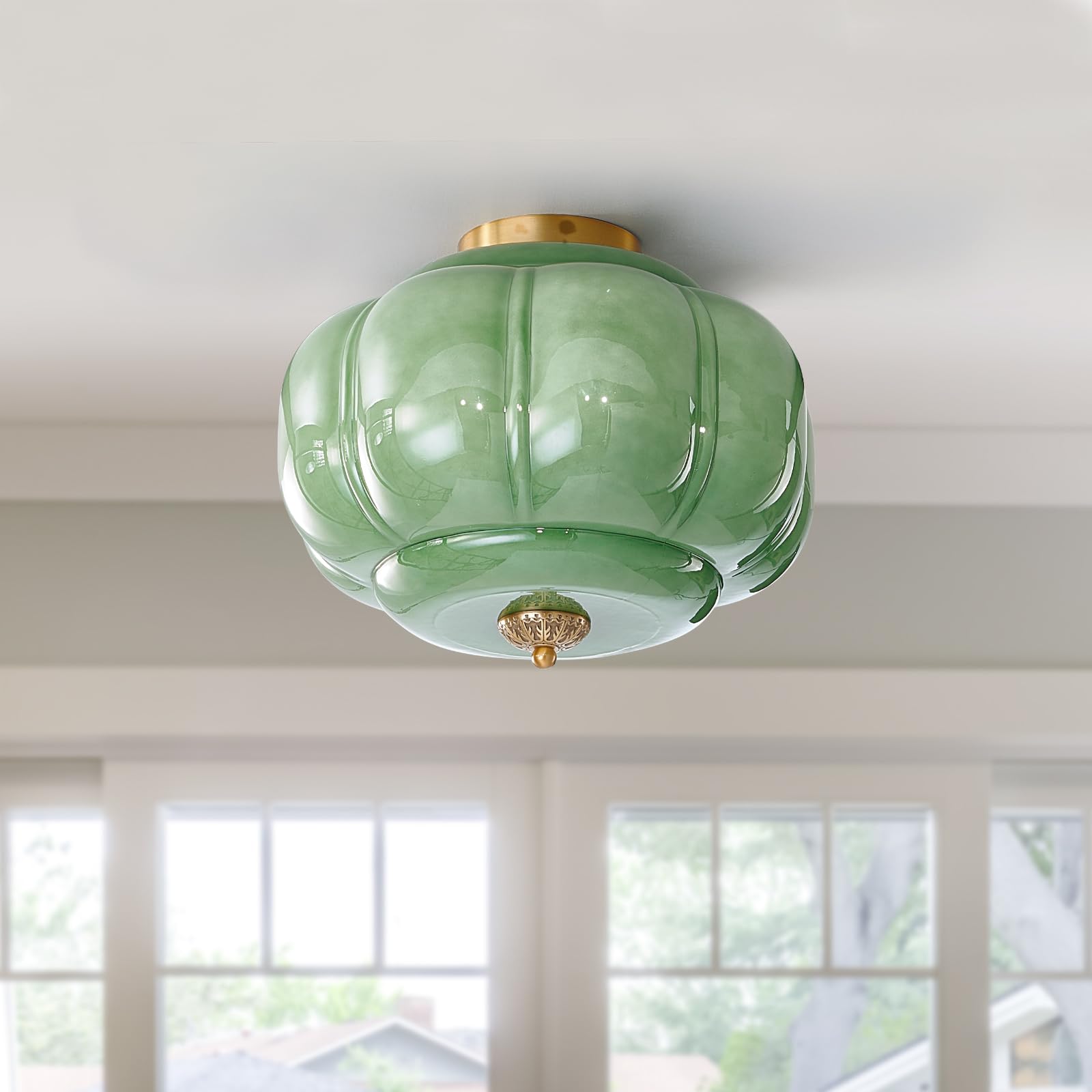 Photo 1 of Milk Glass Pendant Light Fixture with 3CCT LED Bulbs Included, 15 Inch Farmhouse Brass Semi Flush Mount Ceiling Light, Vintage Green Glass Pendant Light for Kitchen, Hallway, Bedroom, Dining Room