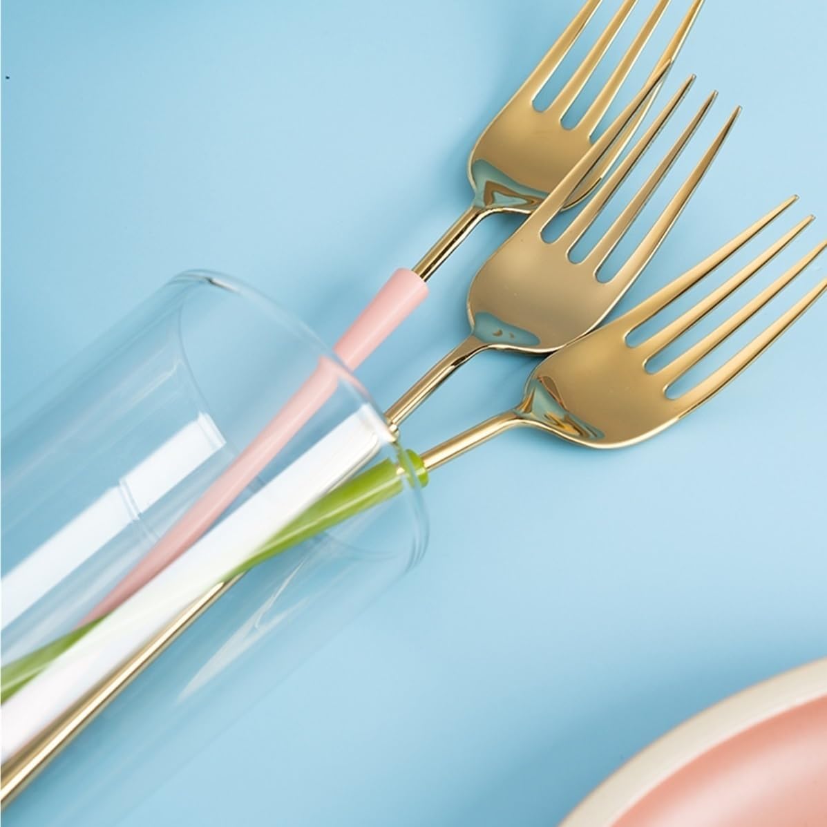 Dinner Forks Pasta Fork Household Long Handle Salad Steak Fruit(Green)