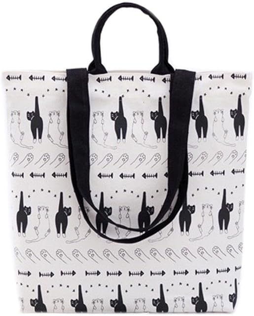 Printed Tote Bag White&Black/Blue Cat Design Reusable Shopping Bag Grocery Bag/Kids Student Shoulder Bag Gift for Cat Lover (B&W) (Cat)