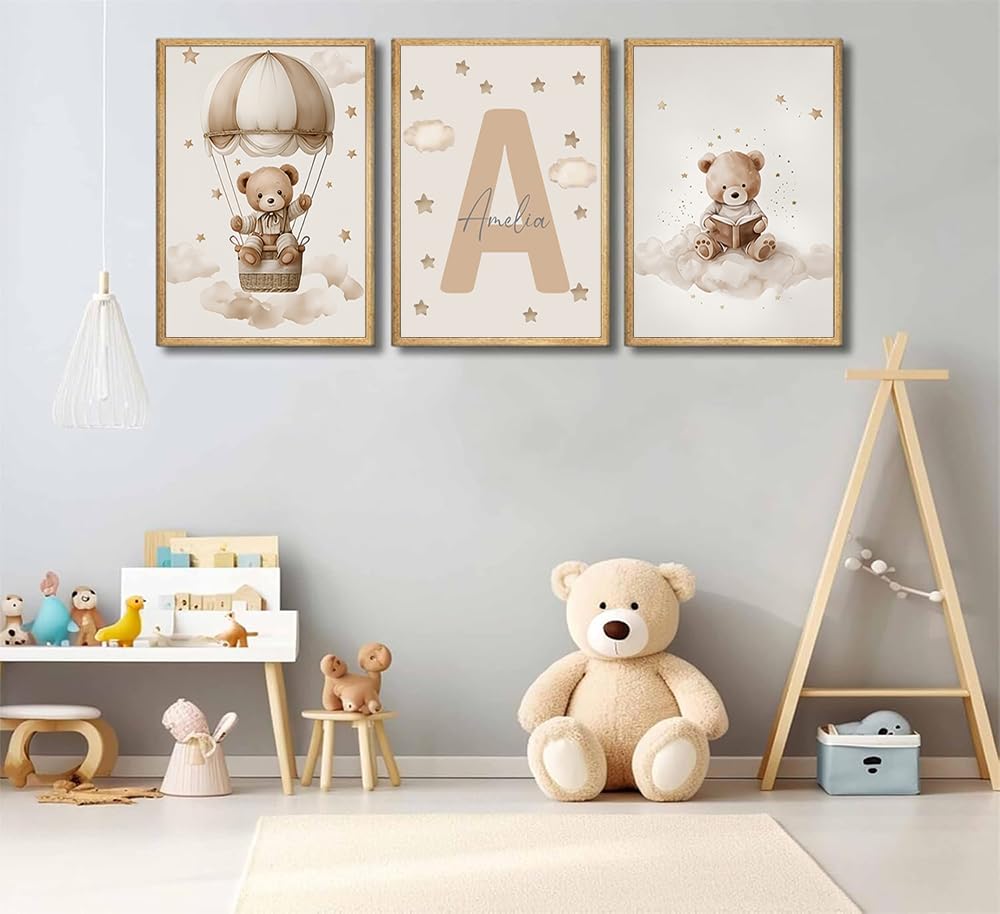 3 Affiche Ours Prenom 30X40CM Poster Ourson Bebe Tableau Decoration Murale Nounours Toile Chambre Enfant Garçon Affiche Personnalisée Enfant Beige Tableau Ourson Chambre Bébé Cadeau sans Cadre