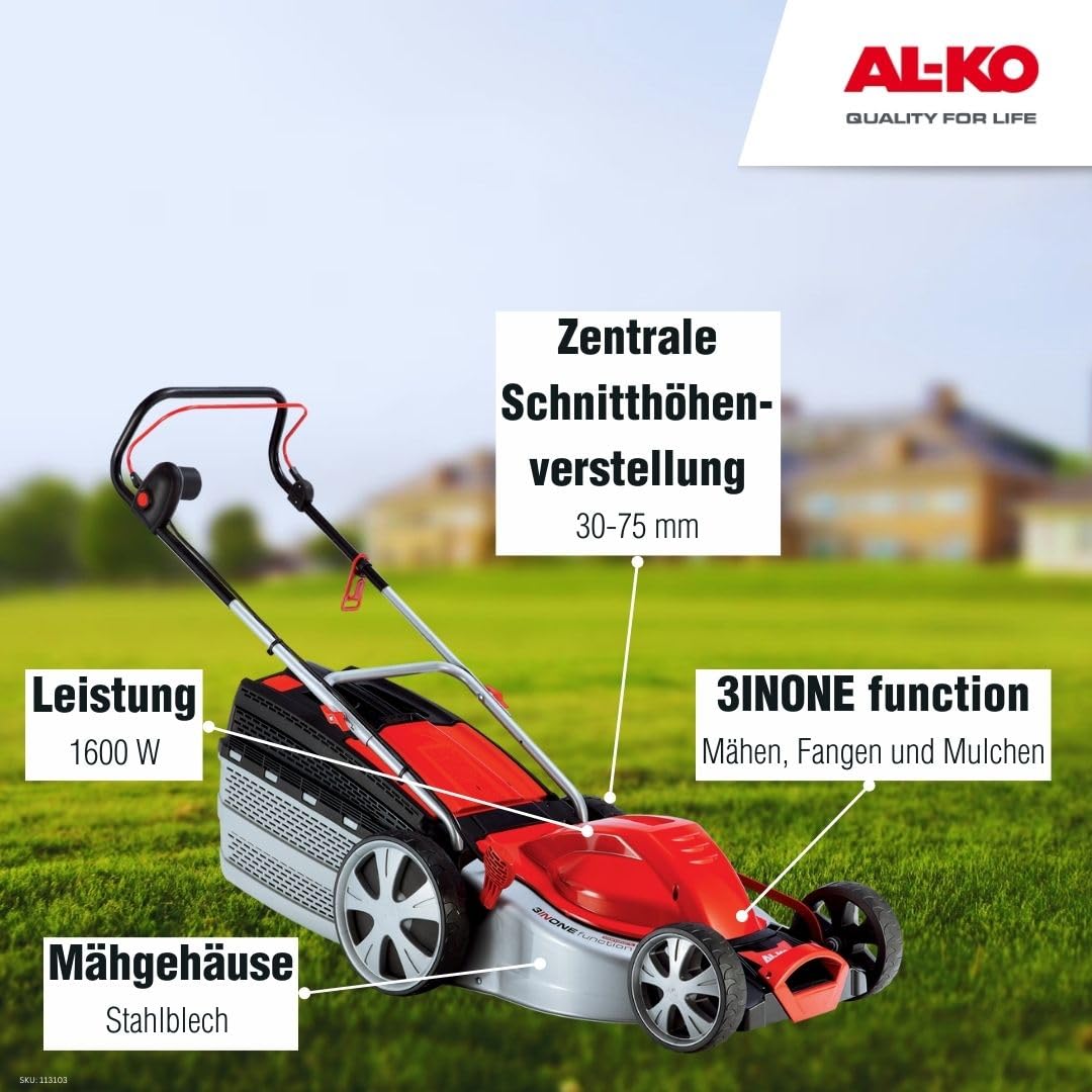 AL-KO - Tosaerba elettrico in lamiera - 1600w, taglio 46cm.Mulching.Alzo Centralizzato. Cesto 65l polipropilene con indicatore di pieno. Ideale 900mq.