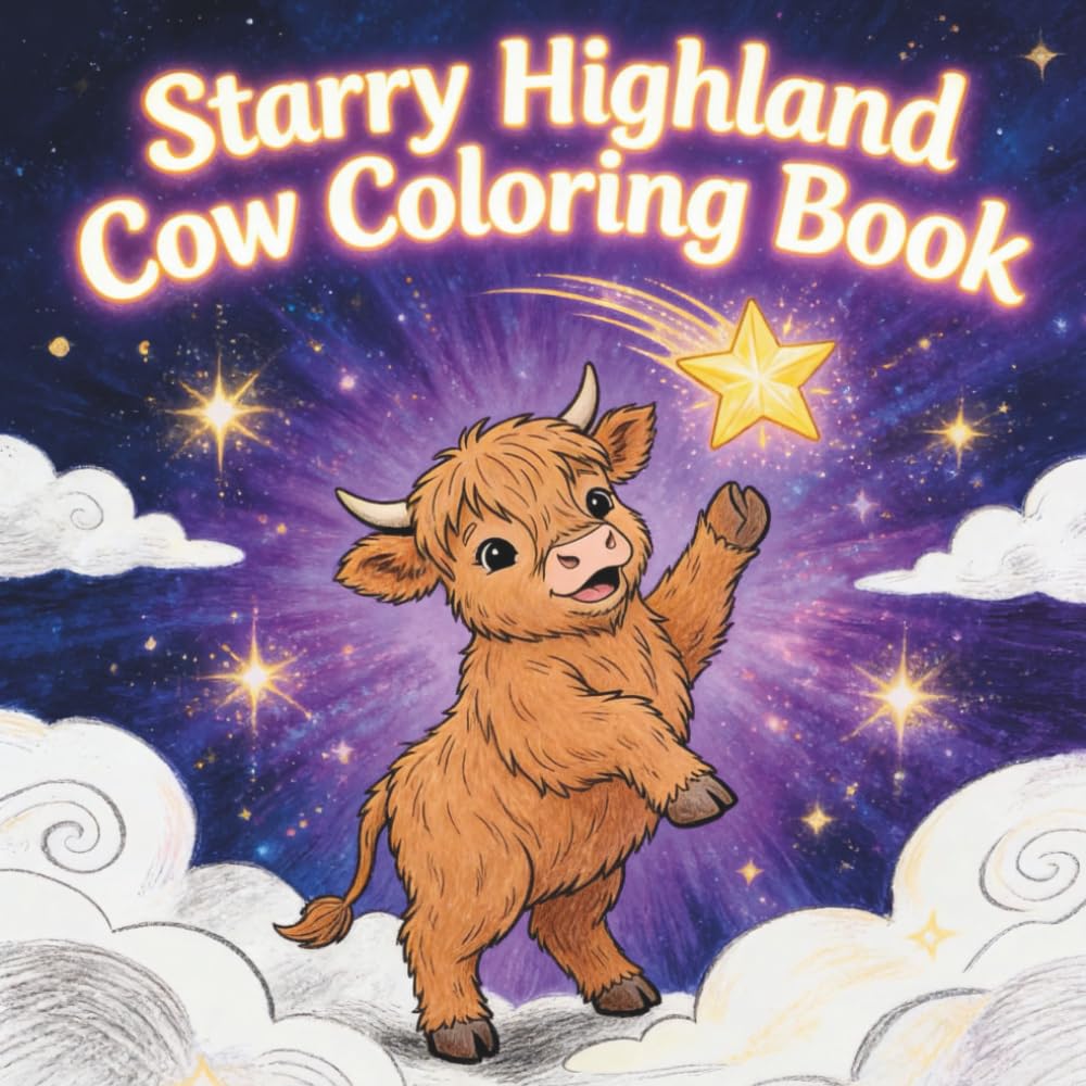 Starry Highland Cow Coloring Book: 40 Cute Night-Sky Highland Cow Pages for Relaxation and Fun