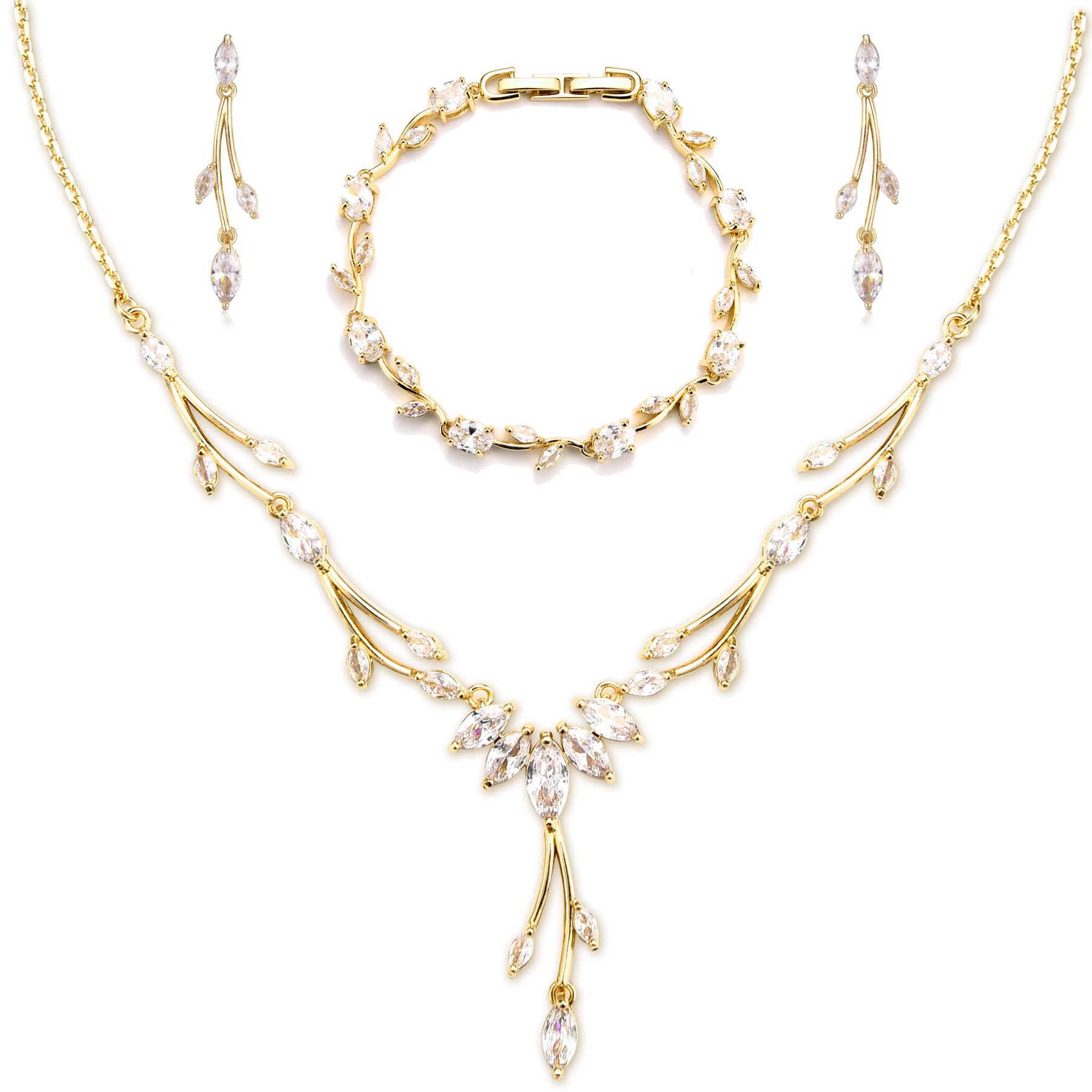 CERSLIMO Juego de joyas de color plata/oro/oro rosa, juego de joyas para novia de boda 5A con cadena de circonitas y pendientes chapados en oro blanco con caja de regalo para mujeres y mujeres