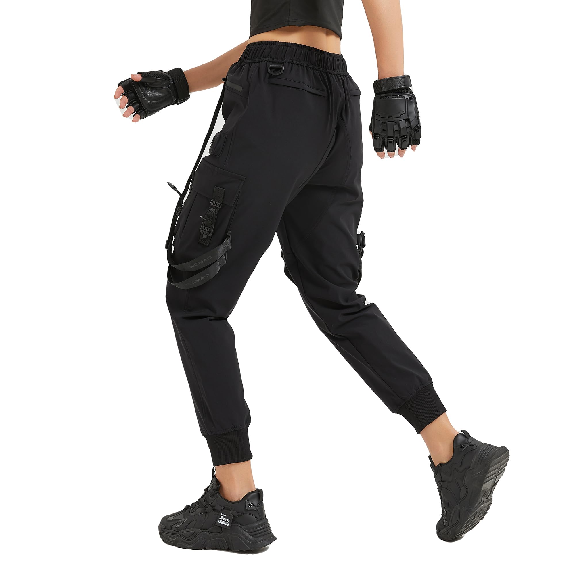 Funktionelle Techwear Punk Dark Goth Hose, Jogger, taktische 7 Taschen, hohe Taille, schwarze Cargohose für Damen
