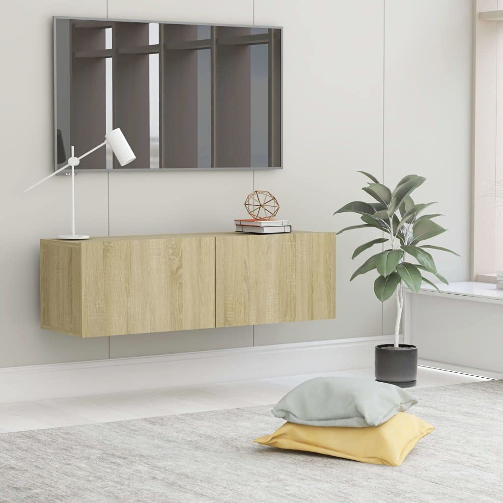 YUANCHUTOP Floating TV Unit TV Stand, Wall Mounted Entertainment Center with 2 Shorage Cabinet Modern Hanging TV Media Console Hutch Component Under TV Shelf, 100x30 CM, Brown