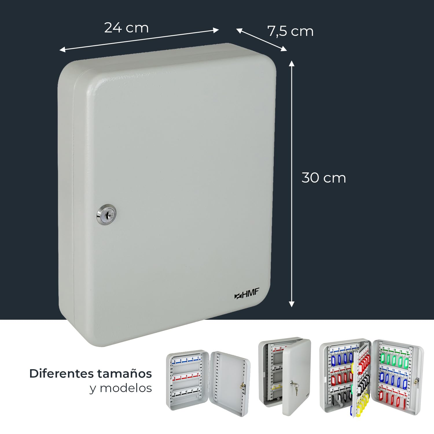 HMF Caja para Llaves Grande de Acero, Armario para Llaves con Cerradura para recibidor, despacho o Garaje | 30 Ganchos para Llaves | 30 x 24 x 7,5 cm | Gris Claro