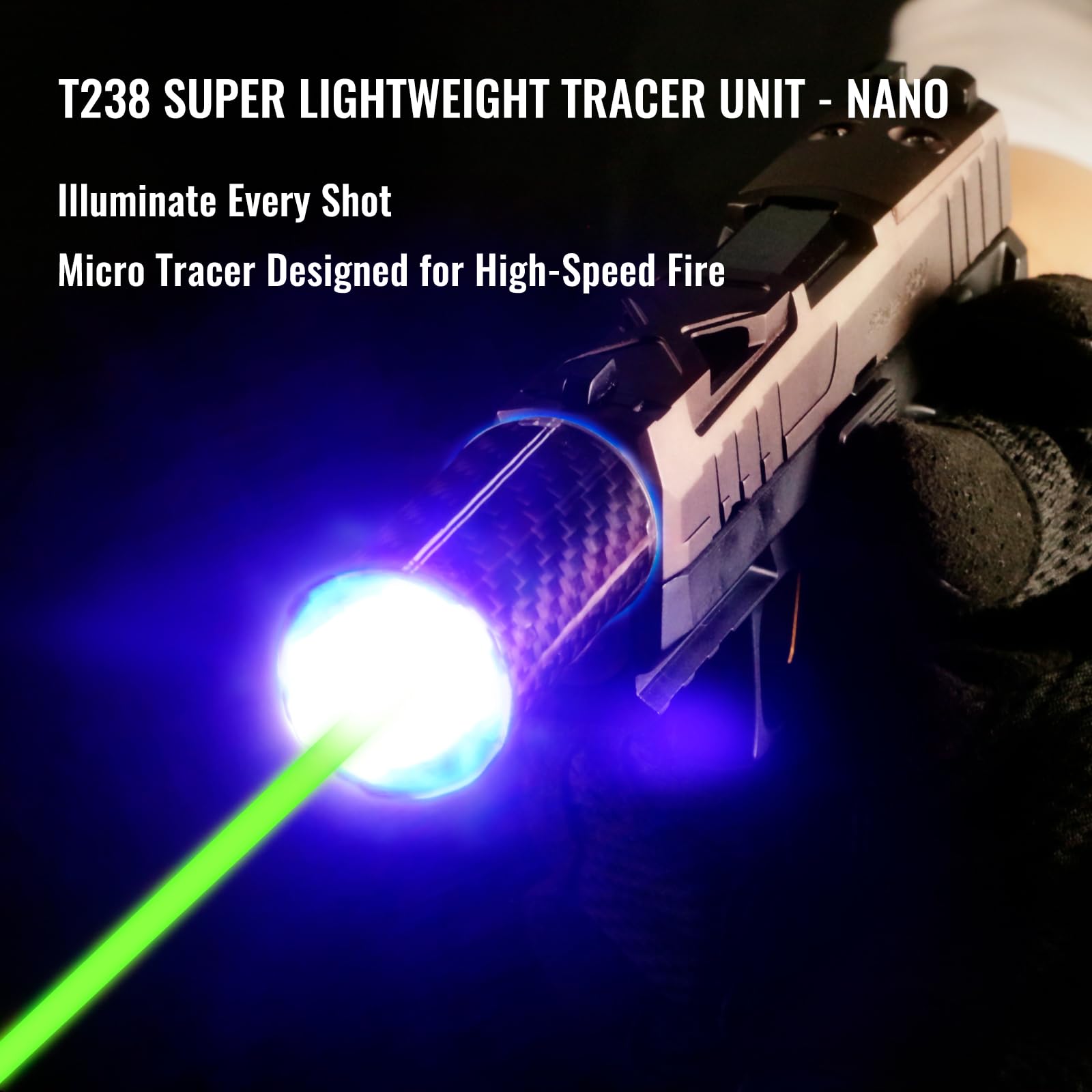 T238-Nano Airsoft Tracer Unit, Carbon Fiber Mini Tracer with 14mm CCW Thread Interface and Type-C Charging Port, 14mm CCW to 11mm CW Adapter (Nano, Black)