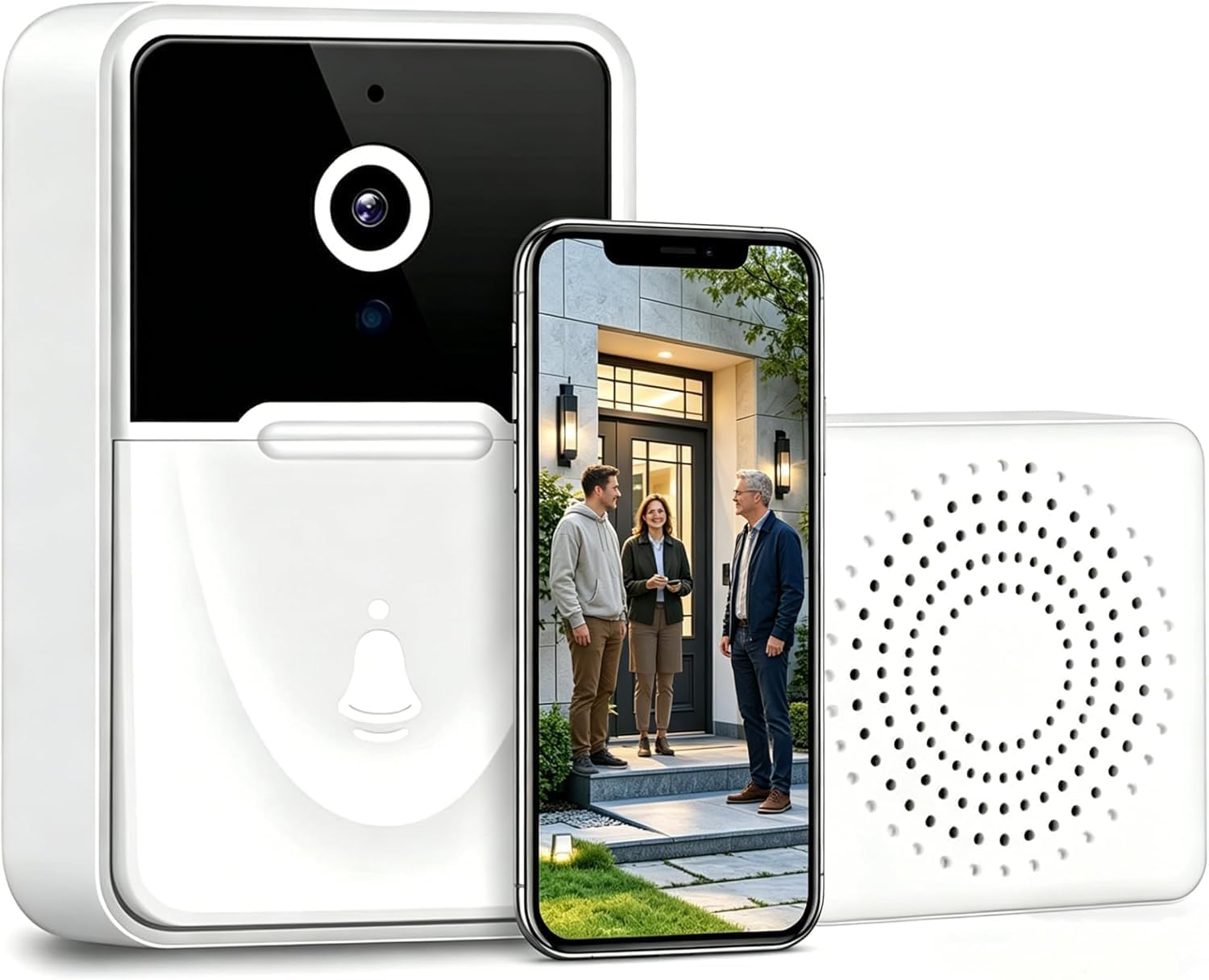 Genérico VideotimbreTimbre Inalámbrico con 2.4GHz WiFi, 1080p HD Vídeo Timbre Puerta Inteligente con Cámara, Visión Nocturna, Audio bidireccional, Instalación Fácil por App Cuenta Propia