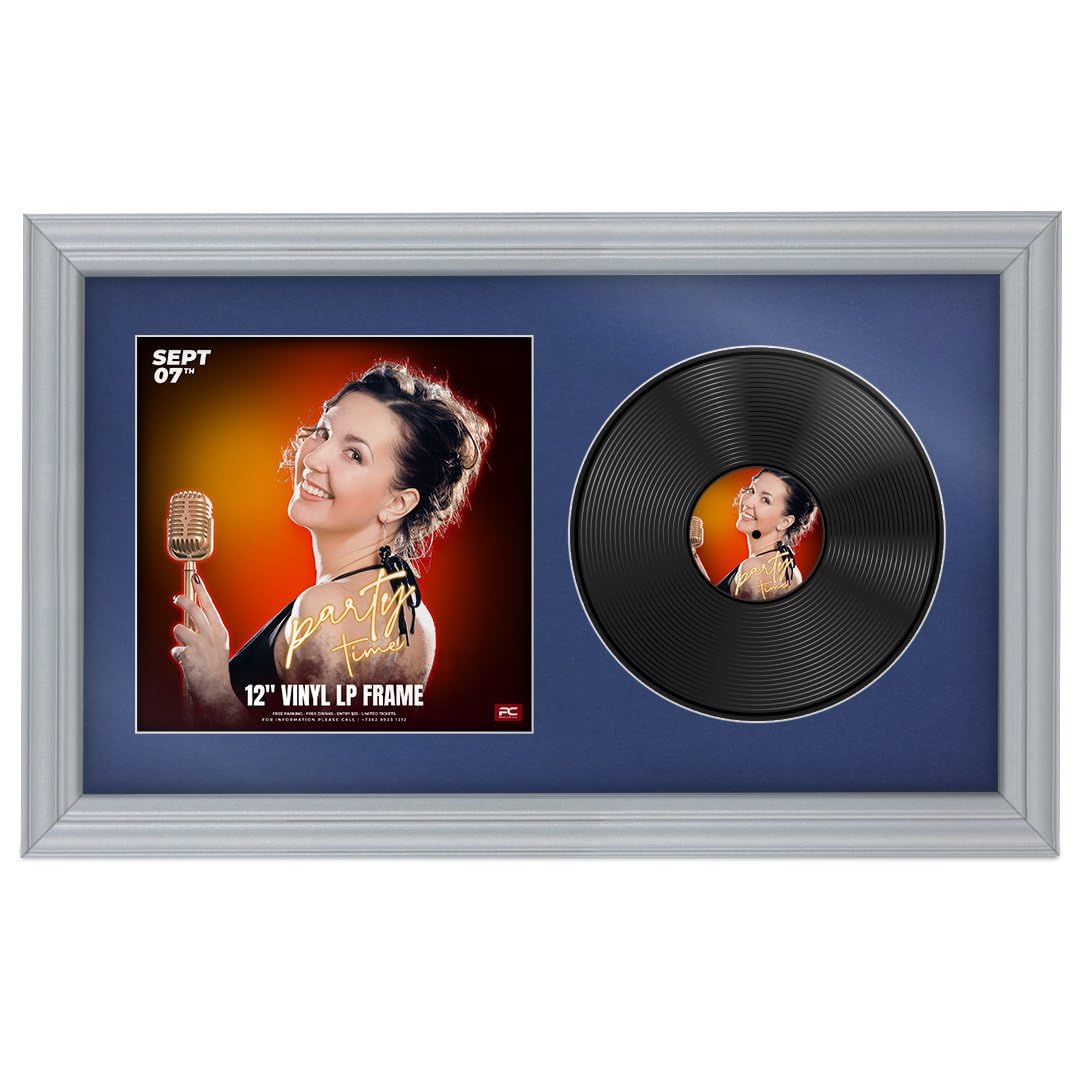 Procut Global 30x17" Silver Vinyl Record Frame for 12 Inch LP Cover & Disc - Premium Display Classic Photo Frame - Engineered Wood with Shatterproof Perspex - Music Lover Gift - Blue Mount