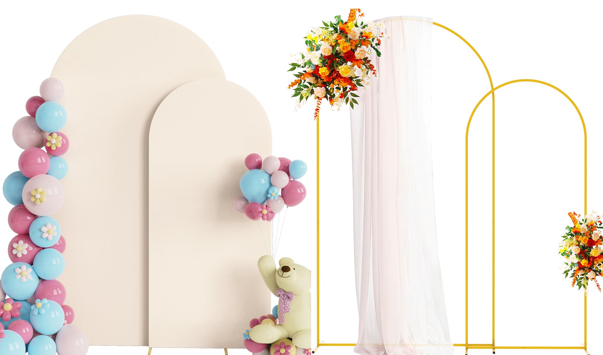 Photo 1 of Putros Metal Arch Stand with Cover Set of 2 Beige Spandex Fitted Wedding Arch Cover and Round Top Chiara Backdrop Stand for Birthday Party Baby Shower Decoration 7.2FT, 6FT