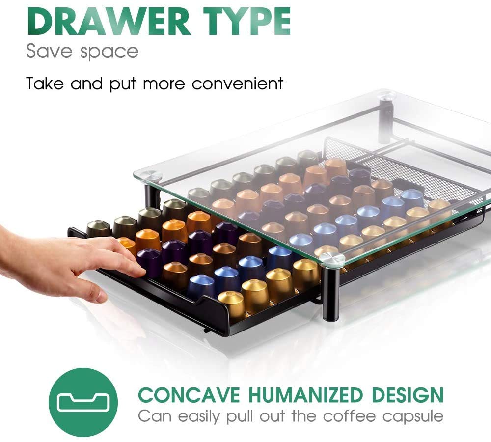 Masthome Porte Capsule de Café pour Nespresso 60 Capsules, Tiroir de Rangement avec Présentoir en Verre, Distributeur Capsules Antidérapant et Transparent avec Tiroir Métallique, Noir