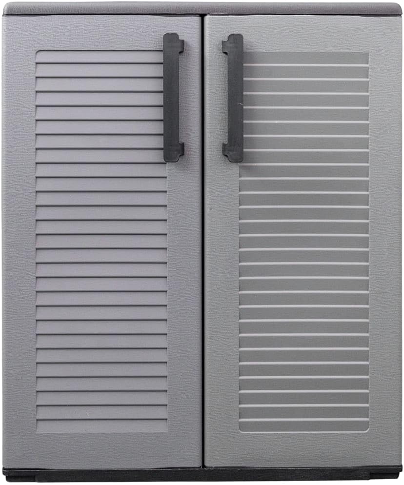 Garden Storage Cabinet Gray and Black 26.8"x14.6"x33.1" Durable PP Vertical Locker with Adjustable Shelves Compact Patio Storage Cupboard for Home and Office Use