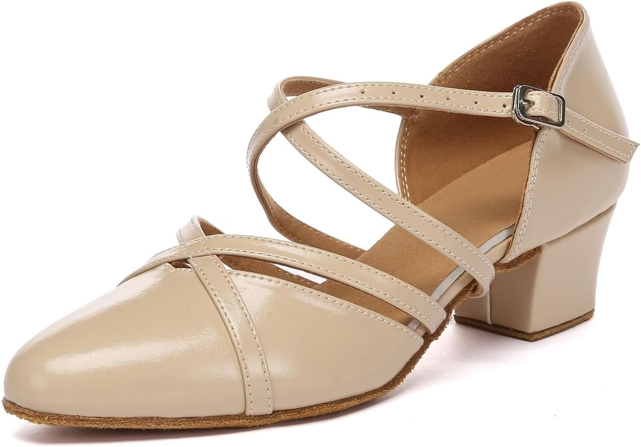 MINITOO Women's Latin Salsa Suede Ballroom Dance Shoes Evening Party Sandals Pumps QJ6132, L618 Khaki 7 cm Heel