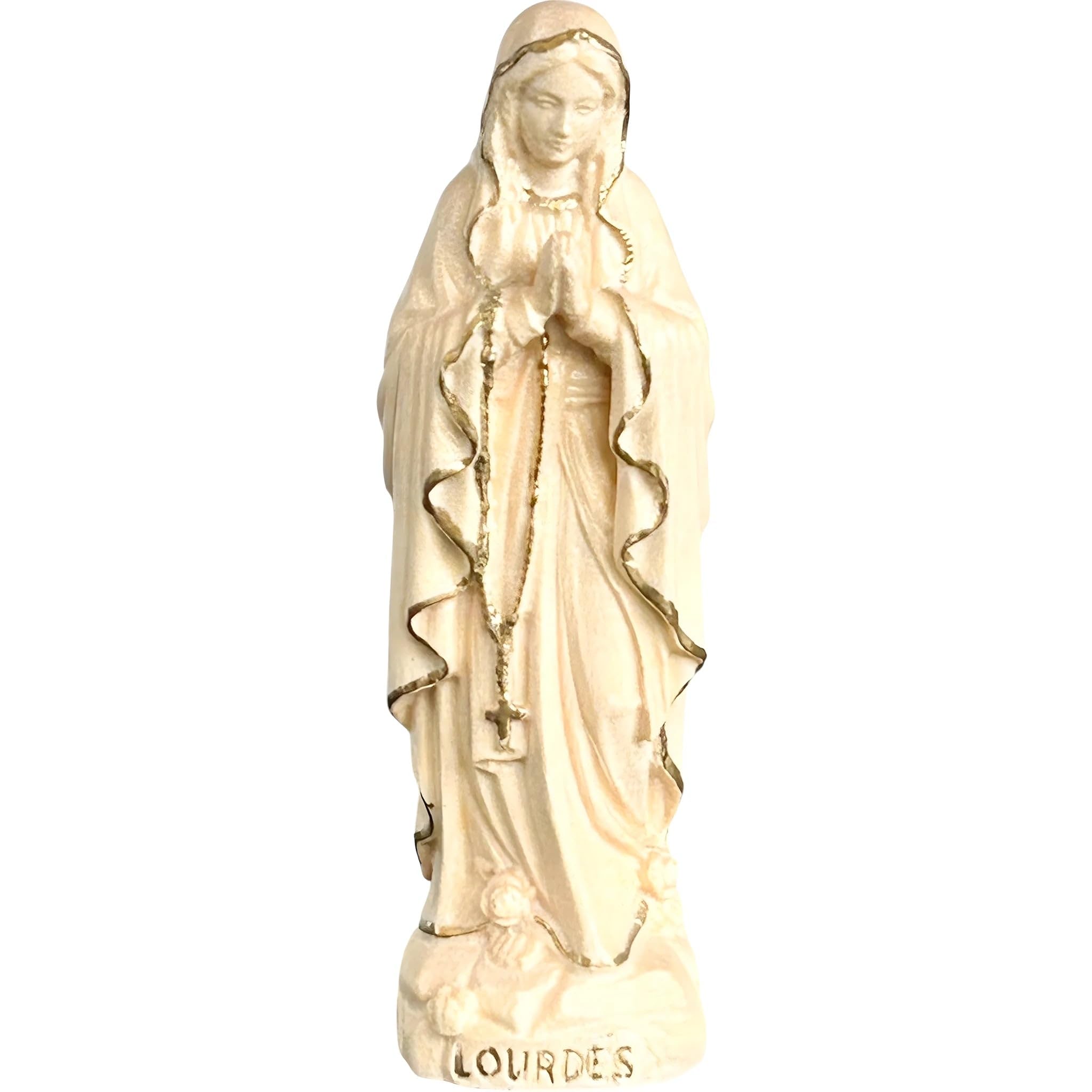 Rzeźbiona w drewnie statuetka Matki Bożej z Lourdes autorstwa Dolfi