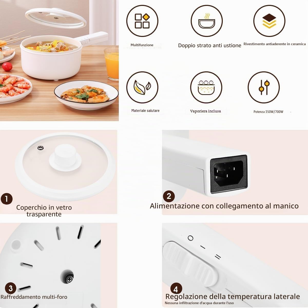 Pentola Elettrica 1.5L con Vapore, Per Friggere/Ramen/Fondue/Zuppa, Adatta per Casa/Studenti/Campeggio, Rivestimento Ceramico Antiaderente, Doppia Regolazione di Potenza, Colore Beige Chiaro