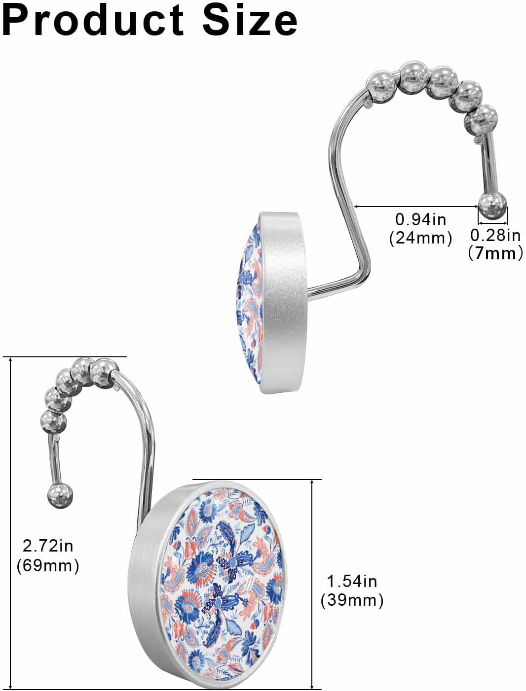 Shower Curtain Hooks 12 Pcs Blue Paisley Flowers Geometric Floral Watercolor Stainless Steel Rust Proof Rolling Shower Curtain Rings, Decorative Shower Curtain Hooks Hangers for Bathroom