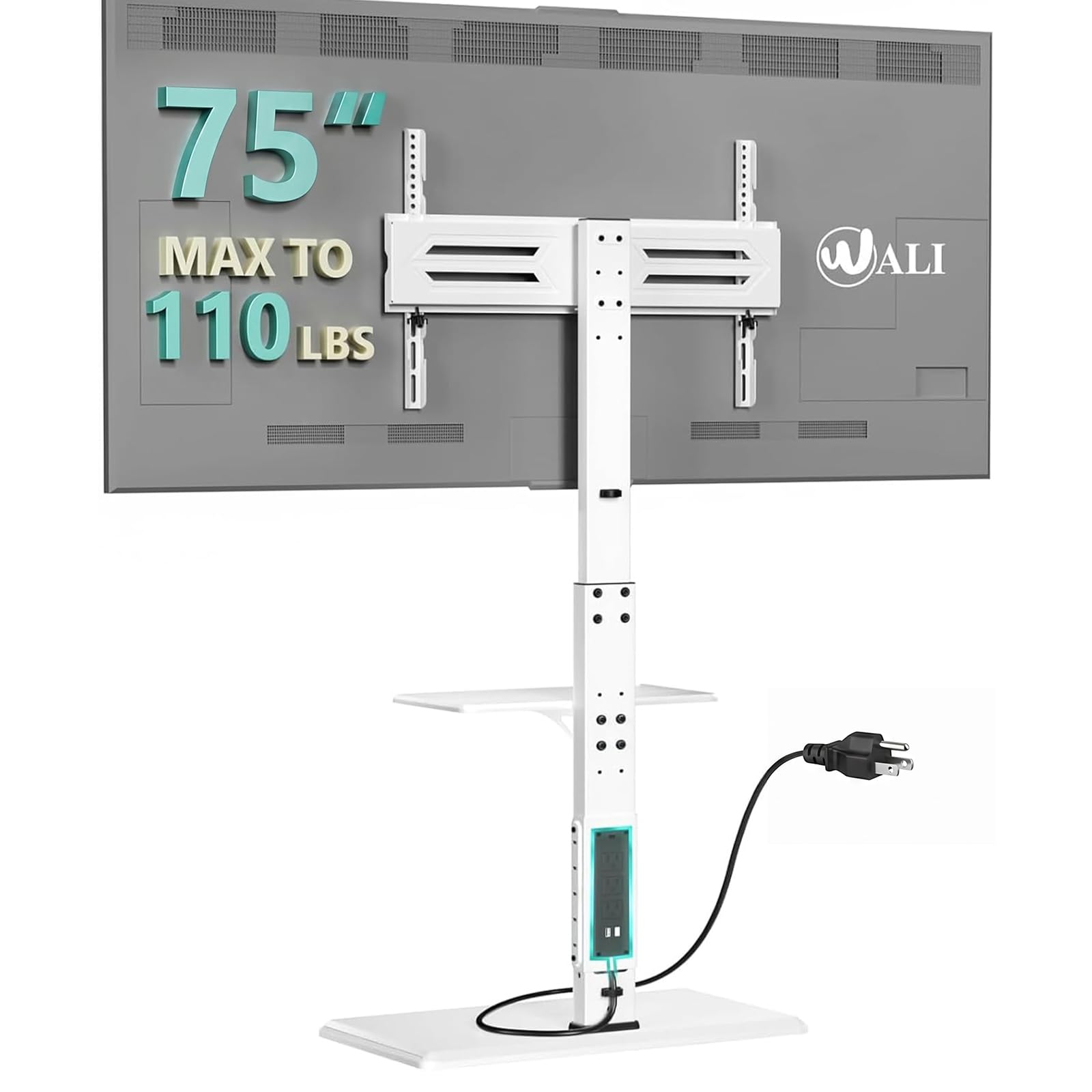 WALI Floor TV Stand with Power Outlet &amp; AV Shelf, Tall TV Stand Mount for 36-75 inch TV up to 110 lbs, Swivel and Height Adjustable TV Stands with Wood Base for Bedroom, Office(TVDVD-6PW), White