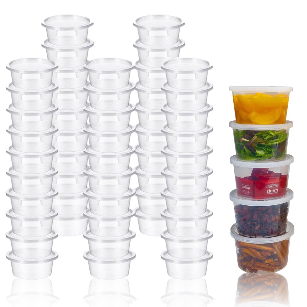 50 Packs Round Container, Sauces Cups Stackable Food Small Containers with Lids, Clear Round Leakproof Plastic Takeaway Sauce Pots for Small Dips Chutney Ketchup Salads (4oz-100 ml)