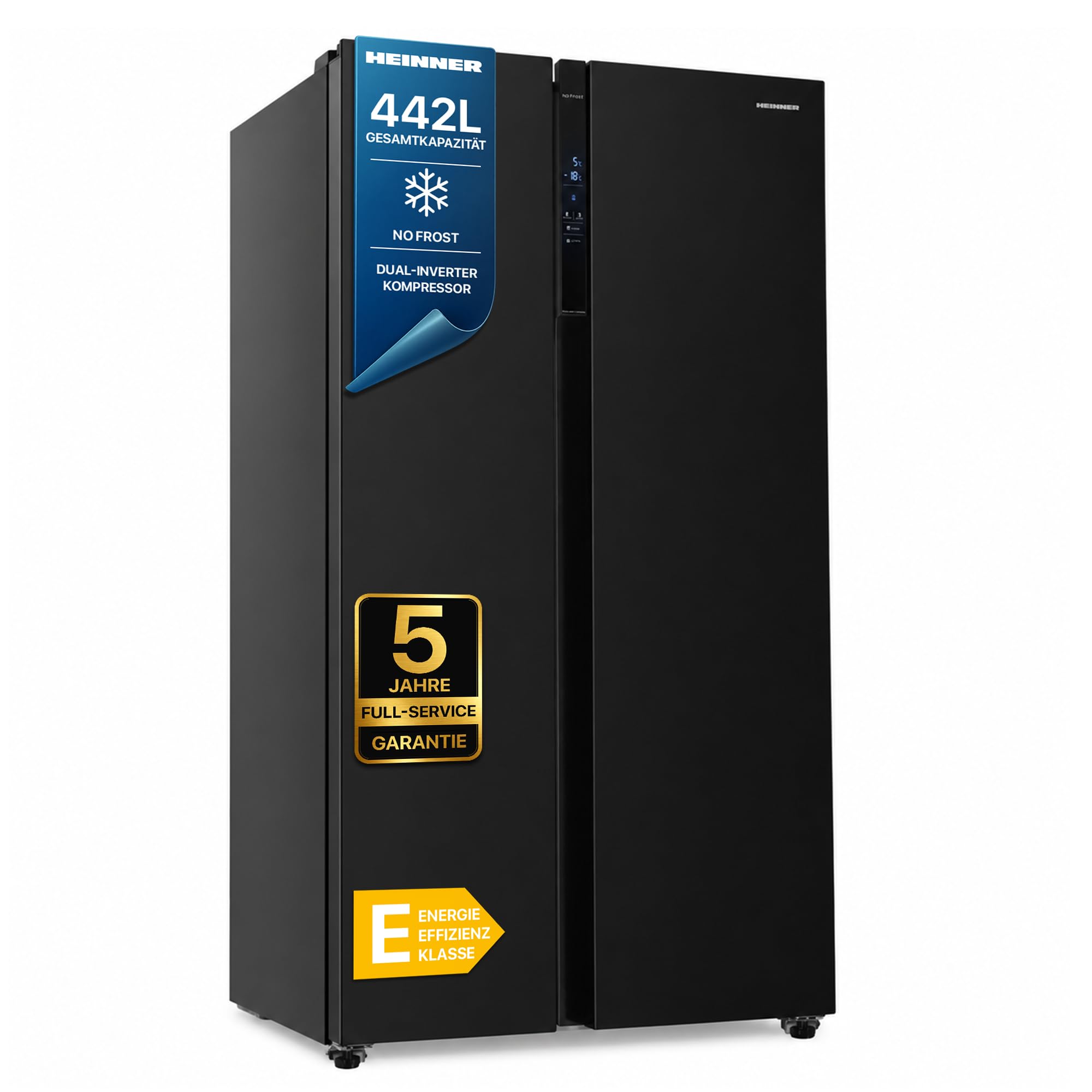 HSBS-H442NFBKE++ Side-by-Side Kühlschrank – 442 L Gesamtkapazität, Energieklasse E, Full No-Frost, Inverter-Kompressor, LED-Touch-Display, Inox-Look, 5‑Jahres-Garantie