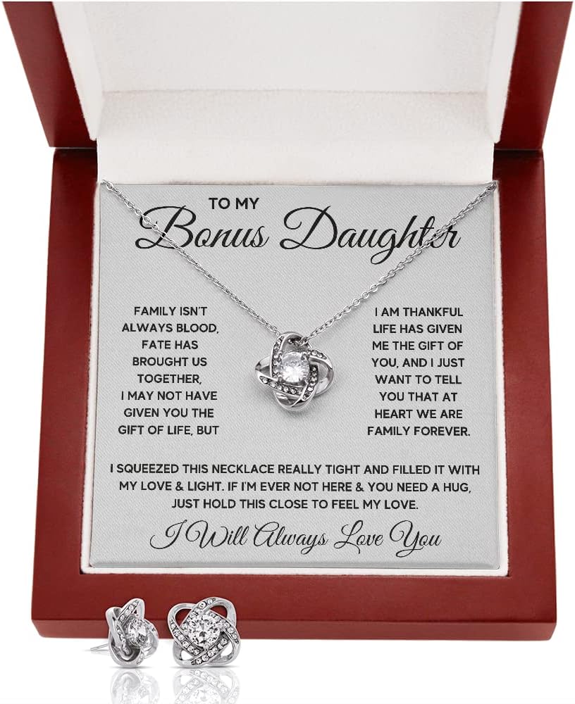 Bonus Daughter Necklace Birthday Graduation Christmas Gift with Message Card and LED Jewelry Box Gift Pendant for Step Daughter Goddaughter (LED Box with Earrings, Fate Squeezed Knot)
