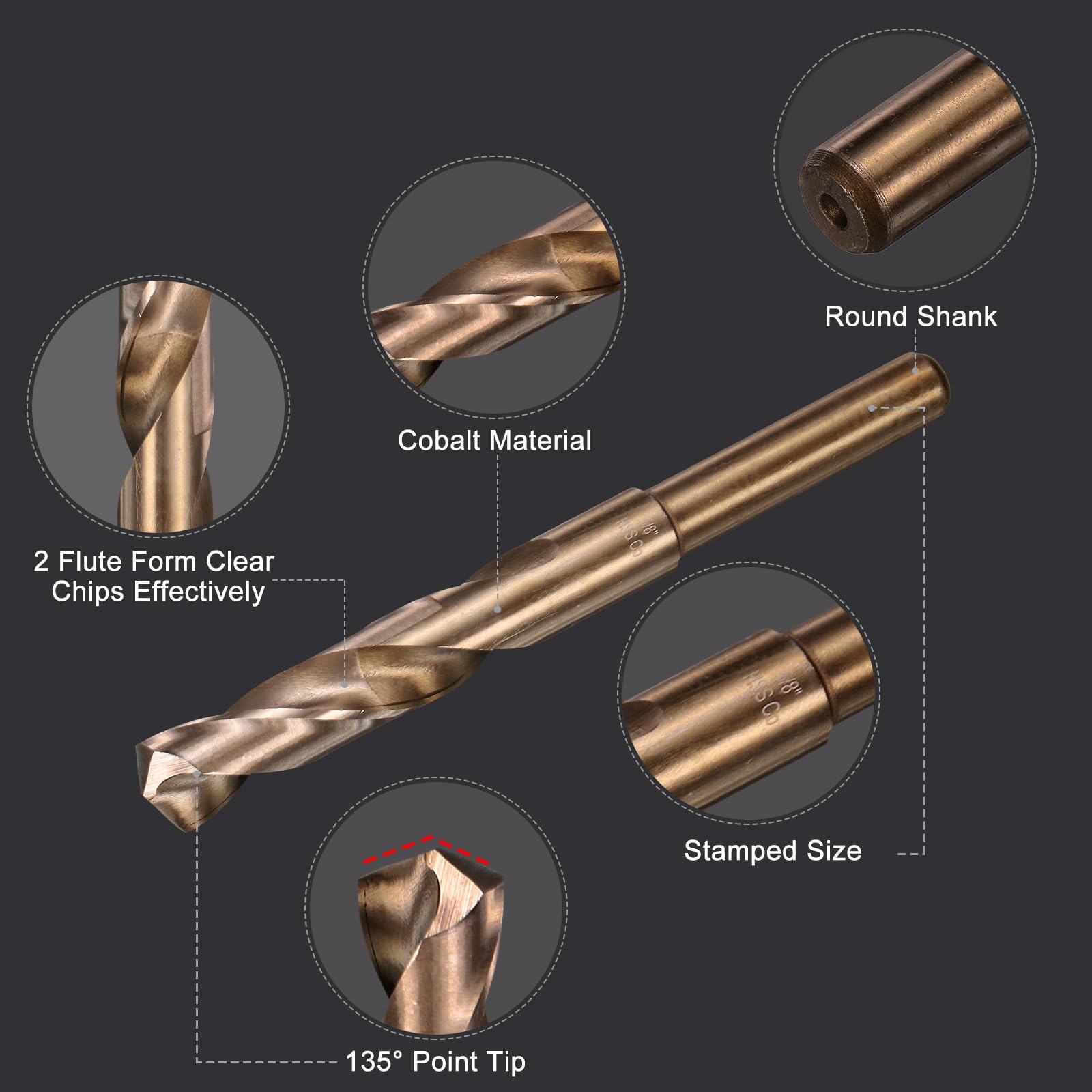 uxcell 3 punte elicoidali per trapano M35 al cobalto da 5/8", in acciaio ad alta velocità, per acciaio inossidabile, metallo temprato, ghisa, alluminio, rame, acciaio legato morbido, legno, plastica