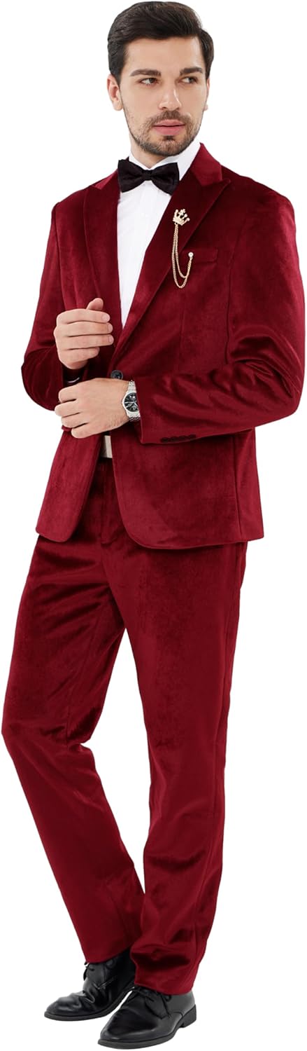 MAGE MALE Men's 2 Piece Velvet Suit One Button Tuxedo Slim Fit Luxurious Blazer Party Dinner Jacket & Pants - Image 4
