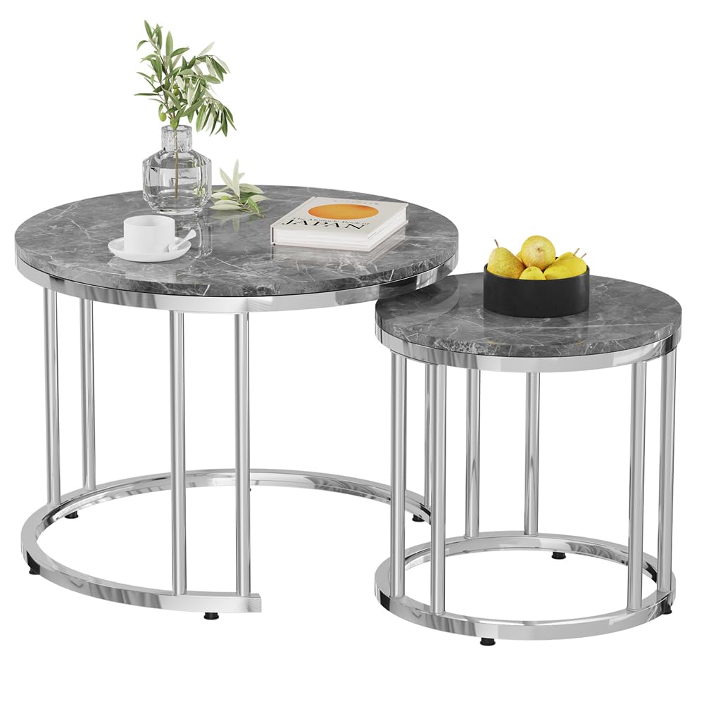 Rainbow Tree Round Nesting Coffee Tables Set of 2, Grey Marble Effect Top with Chrome Legs, Modern Stackable Side Tables for Living Room Sofa Lounge, Glossy Marble Coffee Table