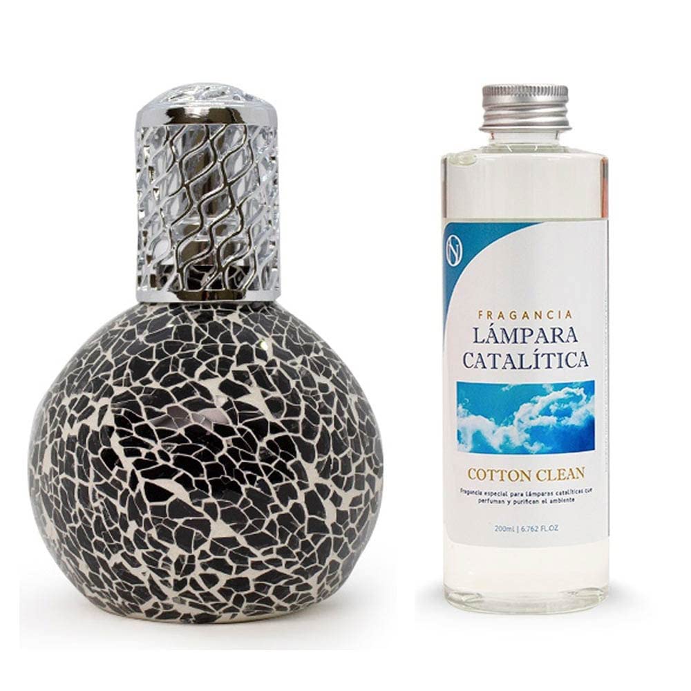 Pack Ahorro Lámpara Catalítica Mosaico Negro + Fragancia Aroma Cotton Clean 500ml. Elimina malos olores e impurezas, perfuma y limpia.