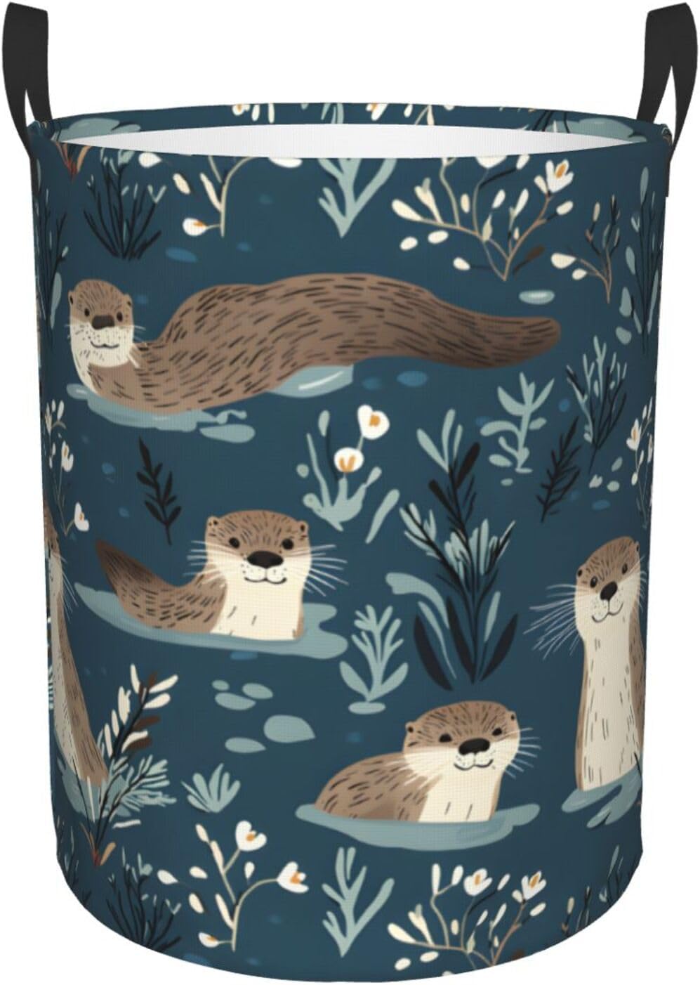 Cute Otters River Floral Laundry Basket Round with Handle, Bedroom Hamper Collapsible Storage Bin Dirty Clothes Bag Organizer for Home Bathroom Nursery, 19.6''x15.7''