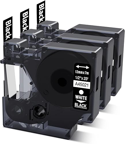 COLORWING Cinta de etiquetas Dymo compatible con Dymo White on Black D1 45021 Standard Dymo Label Maker, 12 pulgadas x 23 pies, S0720610 para