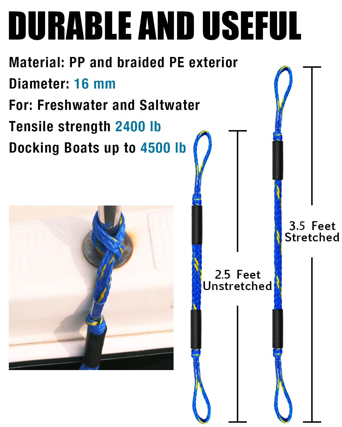 2 x Dockleine, 60 cm, Premium-Bungee-Bootsleinen mit 316er-Edelstahl-Clip (blau + gelb, 7,6 m)