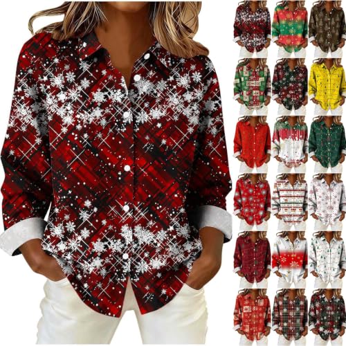 Women Christmas Tops Dressy Button Down Collared Shirts Business Work Shirt | Festive holiday print, button down front, collared neck, roll up sleeves, holiday season, party family gathering - image 1