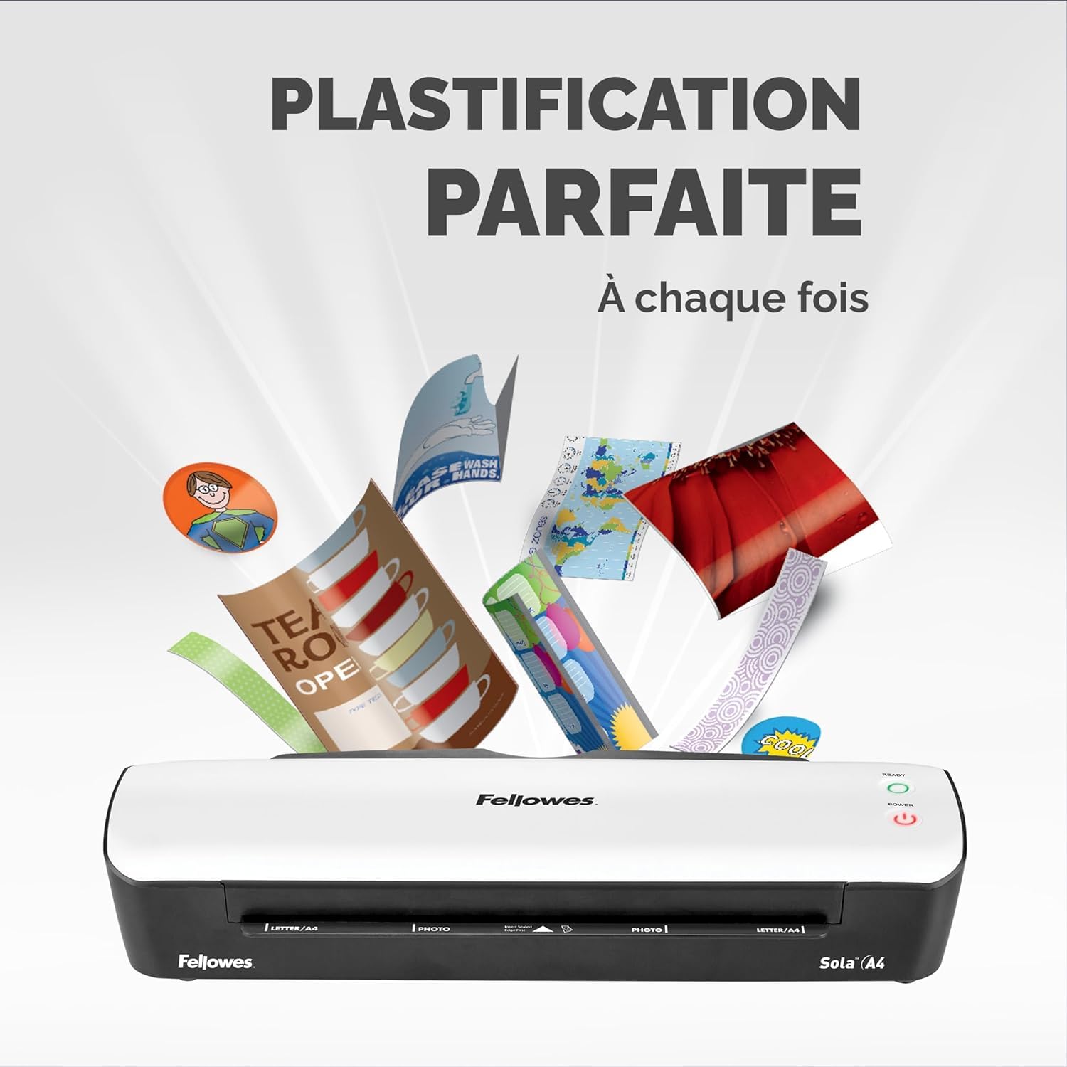 Fellowes Plastifieuse Sola A4, 125 Microns, Fonctions Anti-Bourrage Et Arrêt Automatique, Temps De Chauffe 4 minutes, Pour Pochettes De 80-125 Microns, Blanc, 5745601 - Exclusivité Amazon