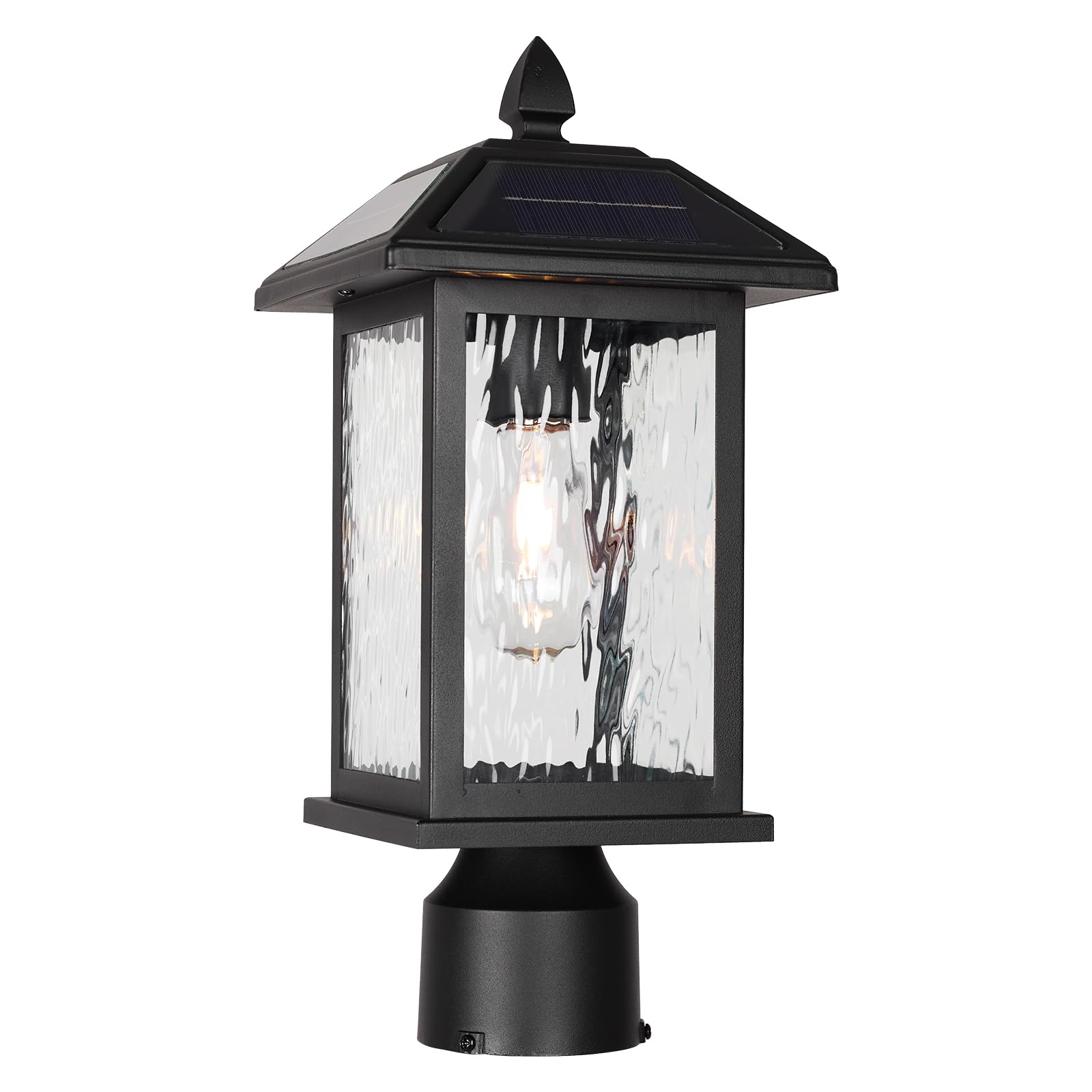Photo 1 of Solar Outdoor Post Light Fixture?Dusk to Dawn Modern Exterior Pillar Lantern with Black Finish & Water Ripple Glass?Waterproof Outside Pole Light for Garden, Backyard, Courtyard