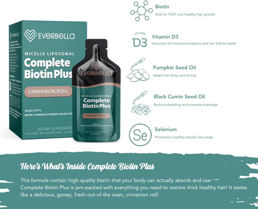 Miniatura 3 de Biotina completa Plus, sabor a rollo de canela, fórmula liposomal, biotina, aceite de semilla de calabaza, aceite de semilla de comino negro, D3,