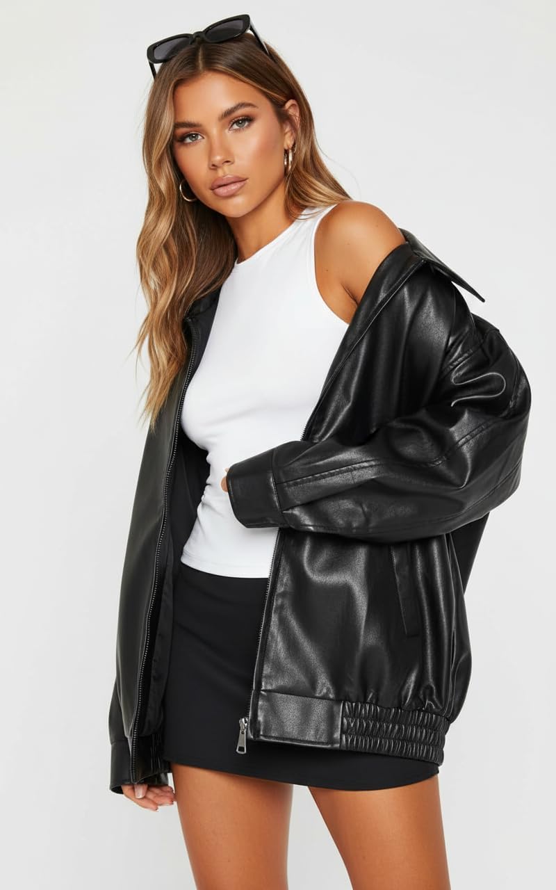 USTRADEENT Women's Oversized Bulky Jackets, 100% Lambskin Leather Motorcycle Plus Size Coat Fall Outfits Fashion Clothes 2026 - Image 2